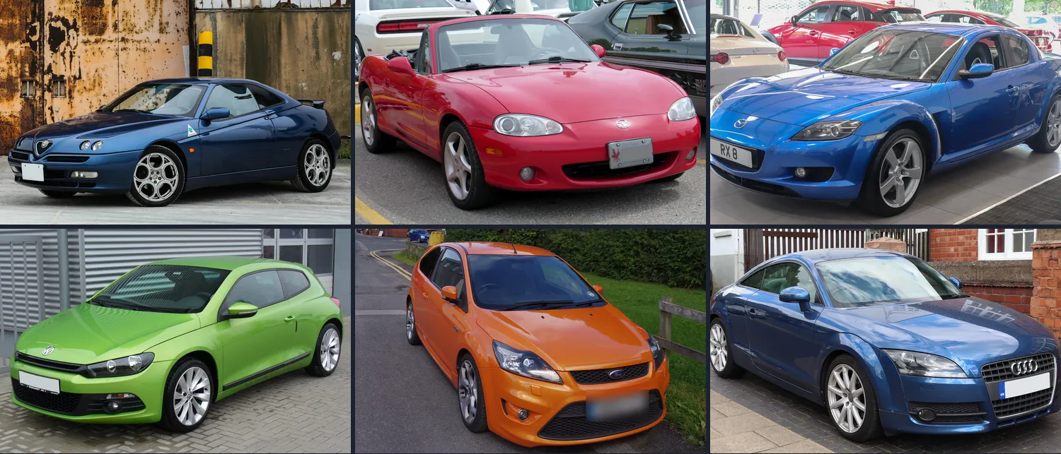 Mosaico di sei auto della guida: Alfa Romeo GTV, Mazda MX-5, Mazda RX-8, Volkswagen Scirocco, Ford Focus ST e Audi TT